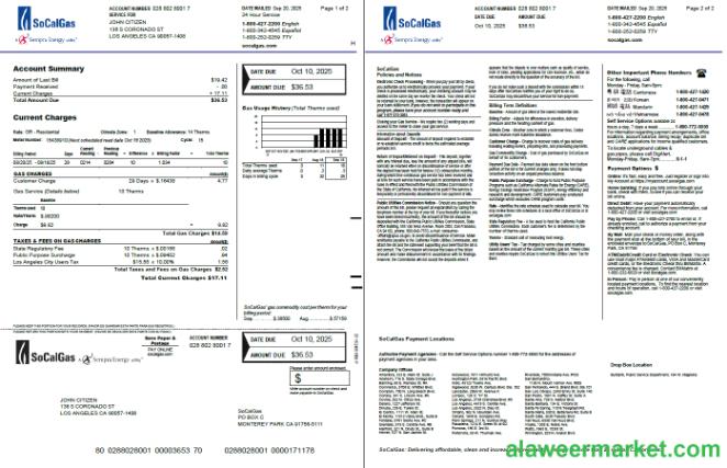 USA So Cal Gas utility bill template in Word and PDF formats, 2 pages, version 2